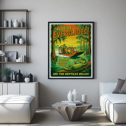 Retro Florida Everglades airboat tour poster with alligators and palm trees.