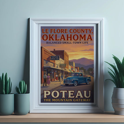 Le Flore County, Oklahoma poster features Poteau Drug Co. and a blue pickup truck.