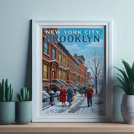 Vintage New York City Brooklyn poster with buildings, snow, and people.