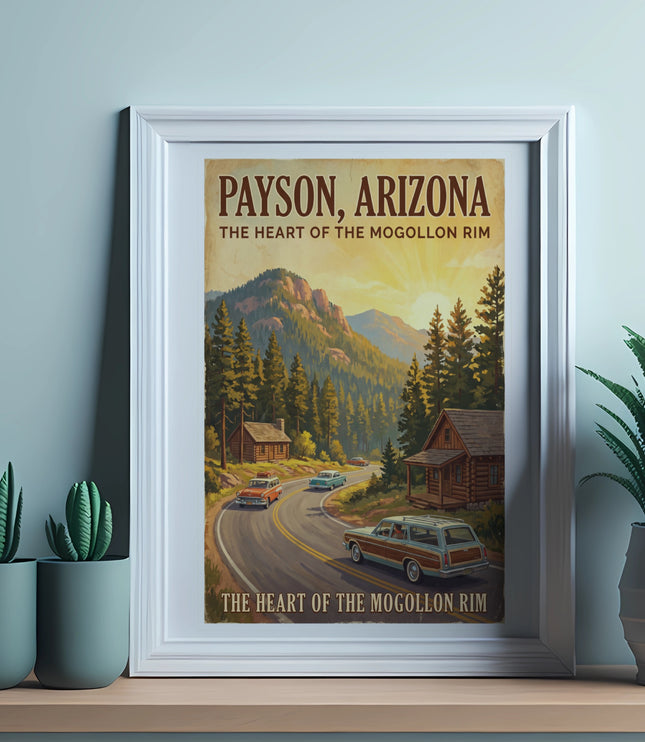 Vintage poster of Payson, Arizona, the heart of the Mogollon Rim, with cars.