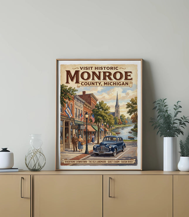 Retro poster of Monroe, Michigan showing a street scene with a vintage car.