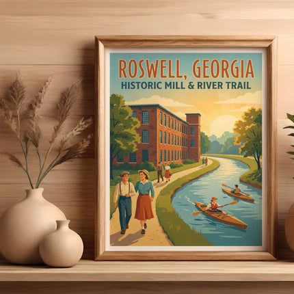 Roswell, Georgia Historic Mill & River Trail poster with people and canoes.