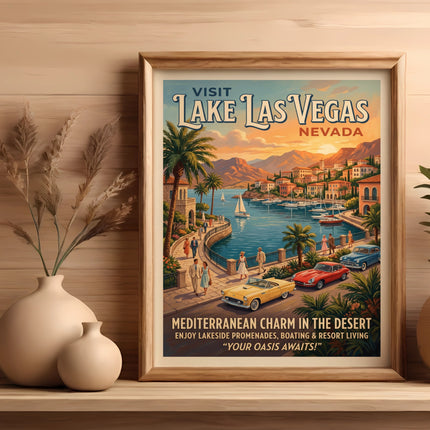 Vintage poster for Visit Lake Las Vegas, Nevada, featuring Mediterranean charm and resort living.