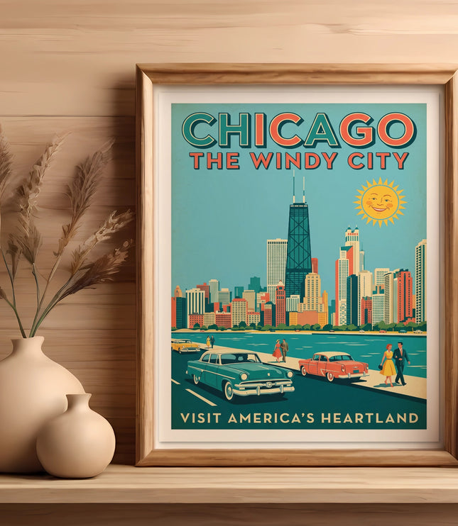 Vintage Chicago The Windy City travel poster with skyline, cars, and sun.