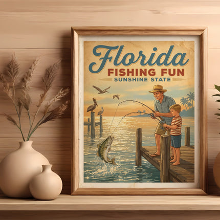 Vintage Florida fishing poster with father and son catching fish.