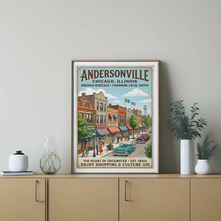 Andersonville, Chicago, Illinois, vintage poster with Swedish heritage and shops.