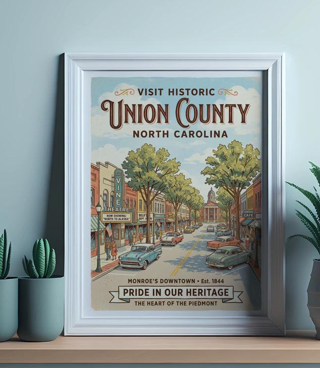 Union County North Carolina vintage travel poster with a downtown street scene.