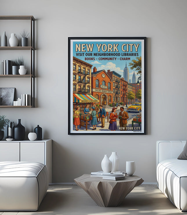 New York City vintage poster of library scene with text "Visit Our Neighborhood Libraries".