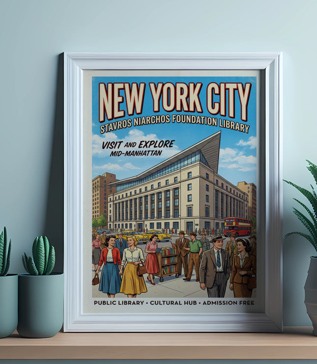New York City Stavros Niarchos Foundation Library vintage travel poster.