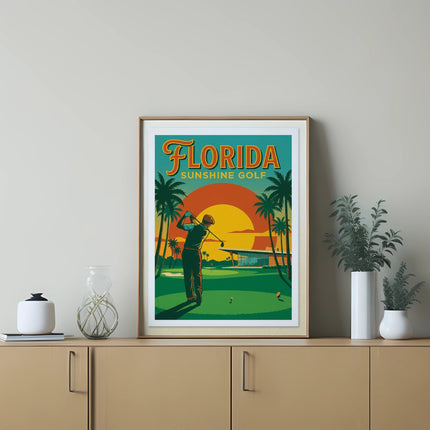 Framed Florida Sunshine Time golf course poster with palm trees and sun.