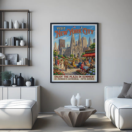 Visit New York City poster with St. Patrick's Cathedral, The Plaza Café, and crowds.