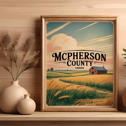 Framed illustration of a rural Kansas landscape with a barn and text "McPherson County Kansas".
