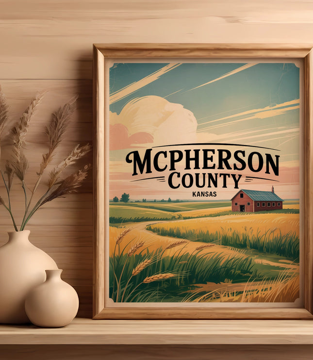 Framed illustration of a rural Kansas landscape with a barn and text "McPherson County Kansas".