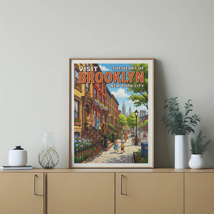 Vintage poster of a Brooklyn street scene with "VISIT BROOKLYN" text.