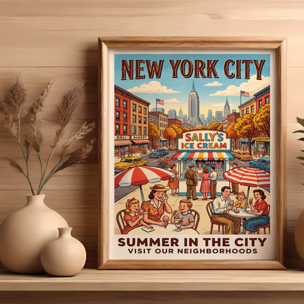 New York City scene with Sally's Ice Cream, families, and text.