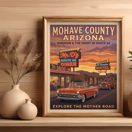 Mohave County Arizona Route 66 poster with classic cars and diners.