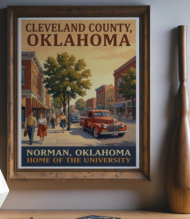 Norman, Oklahoma poster with vintage truck and people walking downtown.