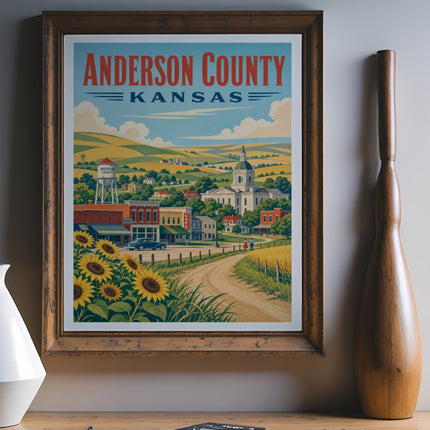 Anderson County, Kansas vintage travel poster with sunflowers and courthouse.