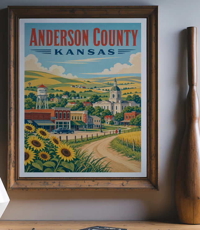 Anderson County, Kansas vintage travel poster with sunflowers and courthouse.