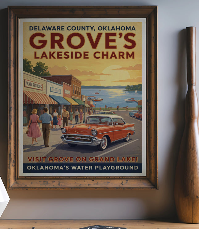Vintage poster for Grove, Oklahoma, featuring a classic car and Lakeside Charm text.
