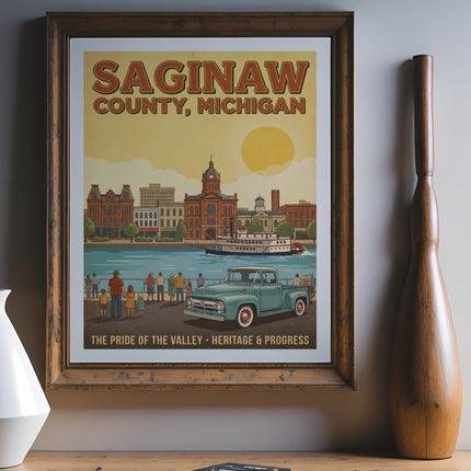 Framed Saginaw County, Michigan poster with vintage truck, steamboat, and skyline.