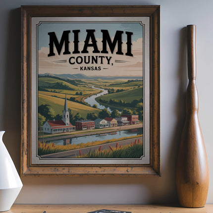 Framed illustration of Miami County, Kansas with buildings, river, and rolling hills.