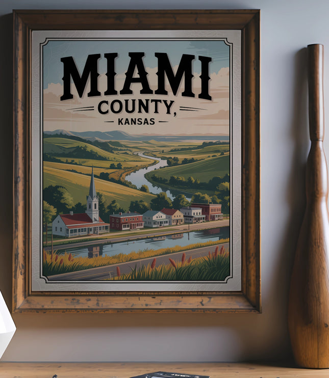 Framed illustration of Miami County, Kansas with buildings, river, and rolling hills.
