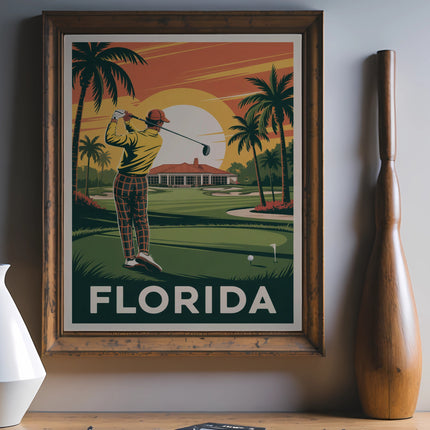 Vintage Florida golf course poster with golfer and palm trees.