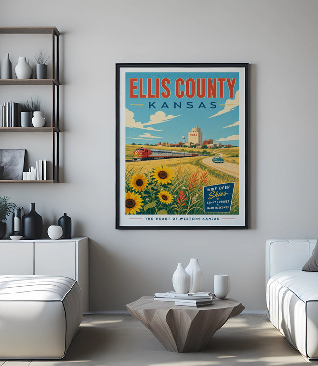 Poster of Ellis County, Kansas with train, sunflowers, and text about the area.