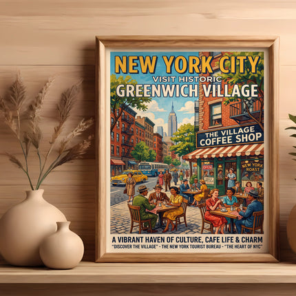 Vintage New York City Greenwich Village coffee shop poster with people dining outside.
