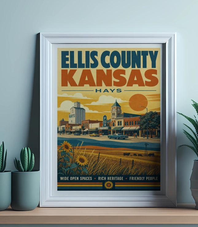 Framed Ellis County Kansas Hays poster with sunflowers, buildings, and text.