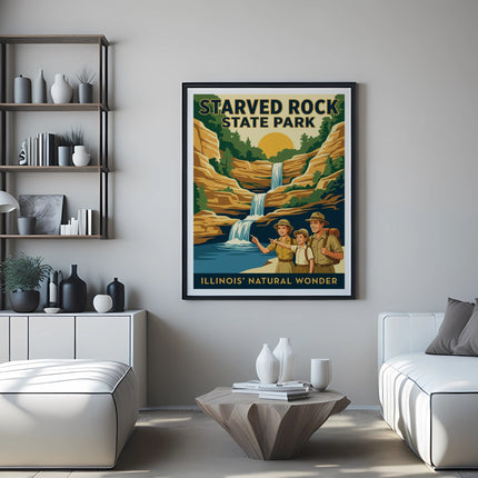 Starved Rock State Park Illinois vintage travel poster with sun and waterfall.