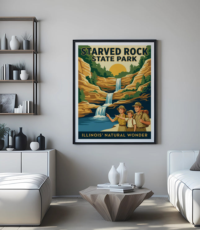 Starved Rock State Park Illinois vintage travel poster with sun and waterfall.