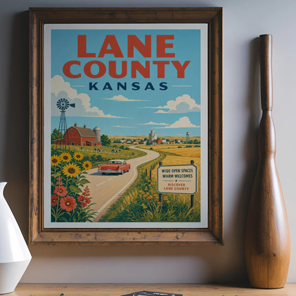 Retro poster of Lane County, Kansas, featuring a red car, sunflowers, and a barn.