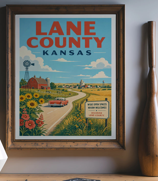 Retro poster of Lane County, Kansas, featuring a red car, sunflowers, and a barn.