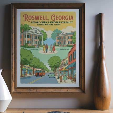 Roswell, Georgia poster featuring historic buildings and shops, with text.