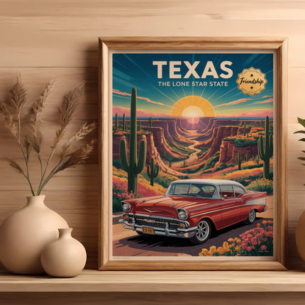 Retro red car in Texas Lone Star State desert landscape artwork.