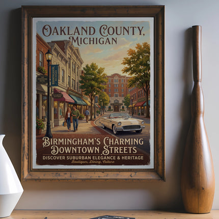 Oakland County, Michigan poster featuring Birmingham's downtown streets and vintage car.