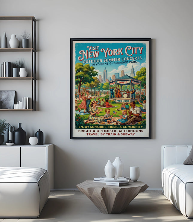 Vintage "Visit New York City Outdoor Summer Concerts" poster artwork.