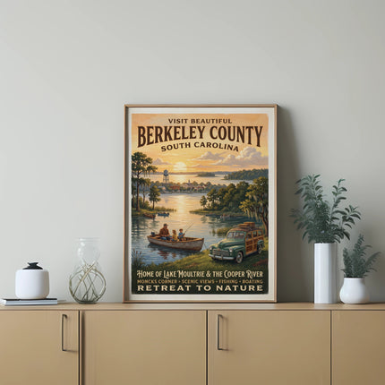 Berkeley County, South Carolina vintage travel poster with lake scene and text.