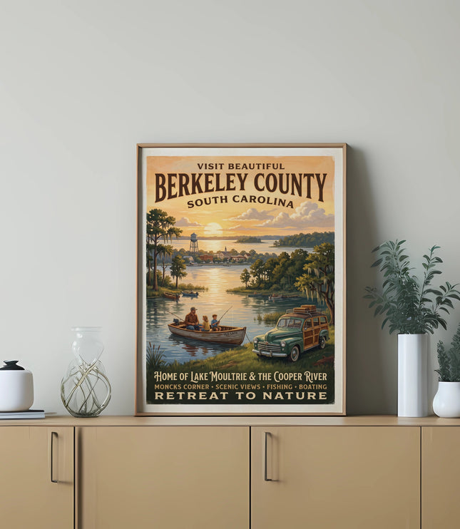 Berkeley County, South Carolina vintage travel poster with lake scene and text.