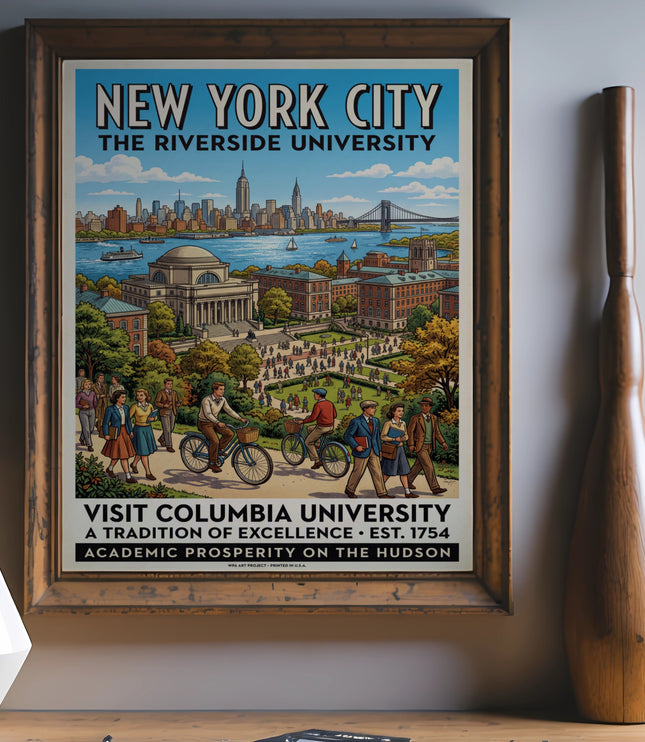 New York City Columbia University poster showing campus and skyline.