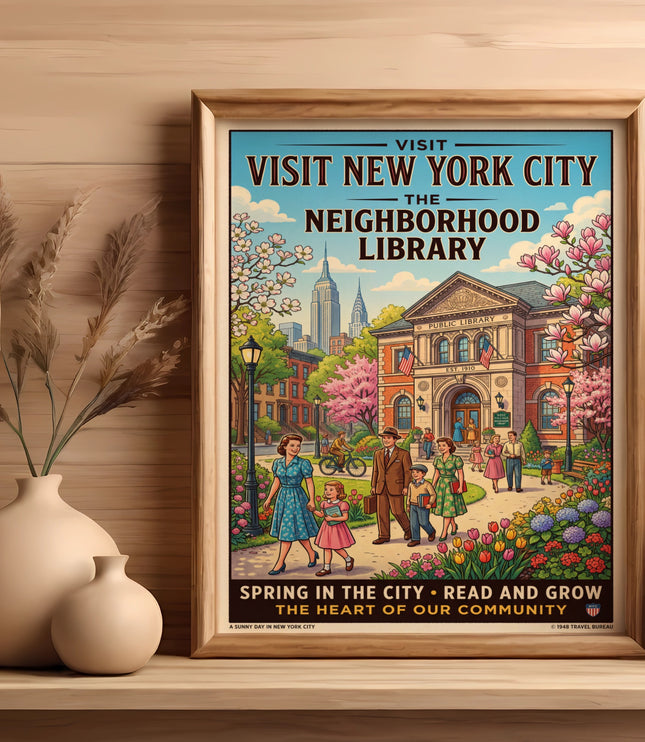 Vintage travel poster of New York City library with blooming trees and families.