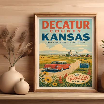 Decatur County Kansas vintage travel poster with red car and rural landscape.