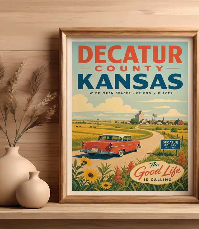 Decatur County Kansas vintage travel poster with red car and rural landscape.