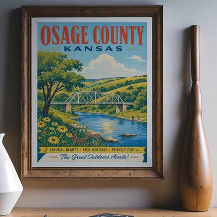 Osage County, Kansas travel poster featuring a bridge over a river and text.
