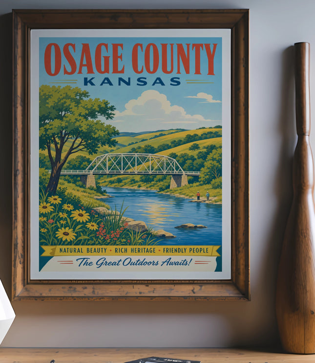 Osage County, Kansas travel poster featuring a bridge over a river and text.