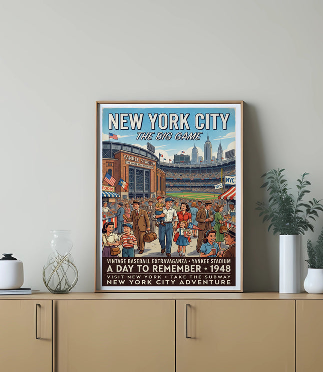 Vintage New York City baseball poster with Yankee Stadium and crowds, dated 1948.