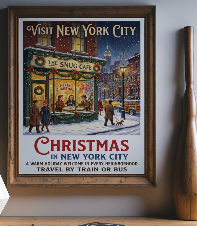 Visit New York City holiday poster featuring a snowy street scene.
