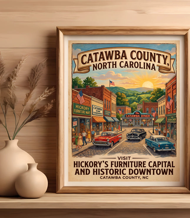 Vintage art print of Catawba County, North Carolina with historic downtown and cars.